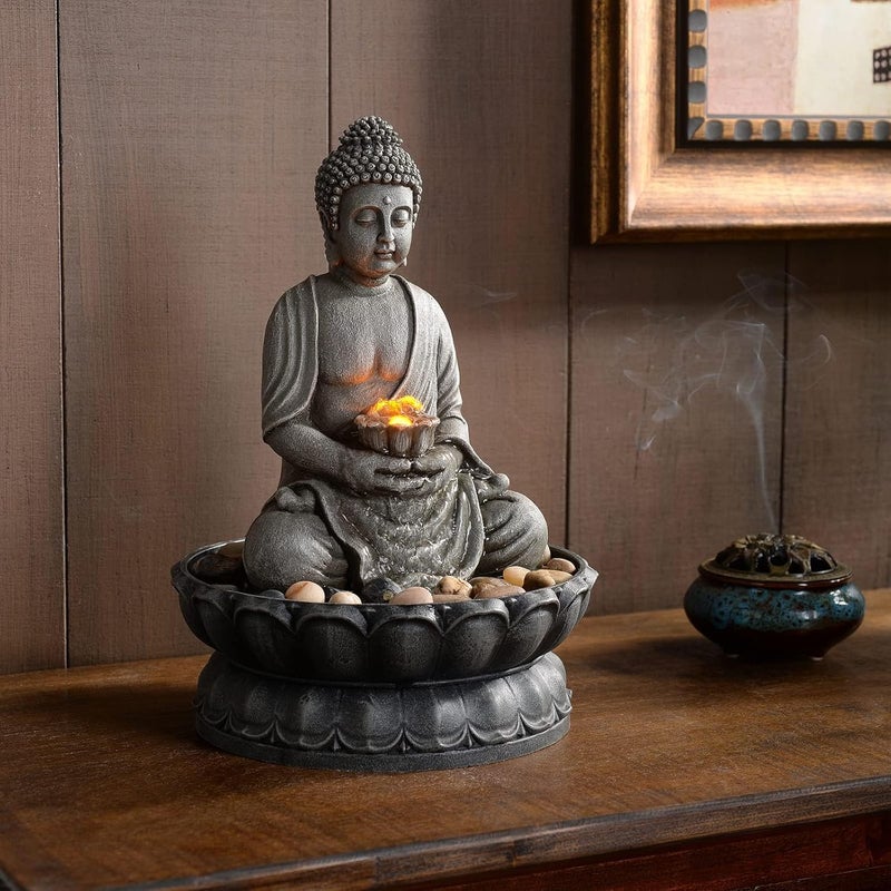 GOSSI 11.2 in Tall Indoor Décor Tabletop Buddha Fountains Desk Water Sitting Buddha Fountain Zen Fountain w/Reflective Lighting/Cobblestone Office and Home Decor - Image 3